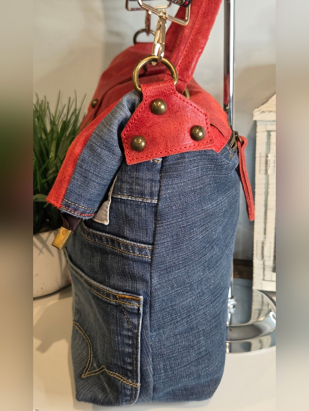 Levi's Denim & Red Italian Leather Convertible Handbag - Picture 5 of 12